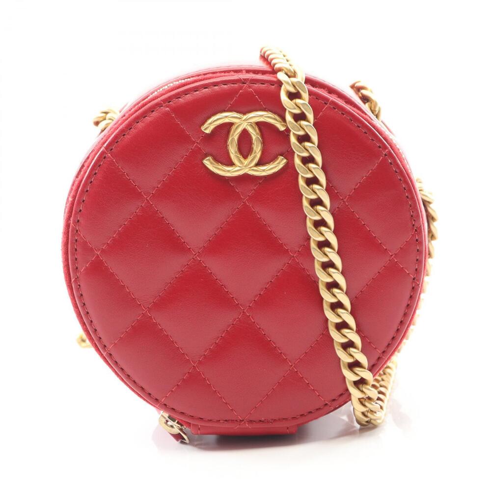 Chanel Matelasse Round Shoulder Bag Lambskin Sheepskin Leather Red